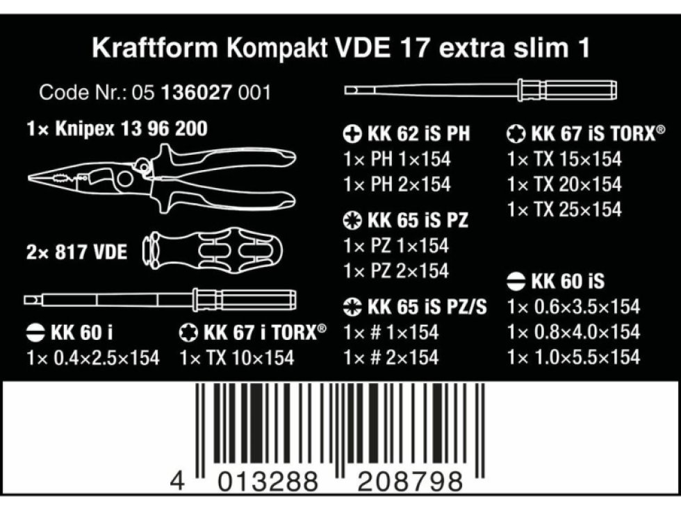 Elektrikárske skrutkovače Kraftform Kompakt VDE 17 extra slim 1, 16 dielny, Wera 05136027001