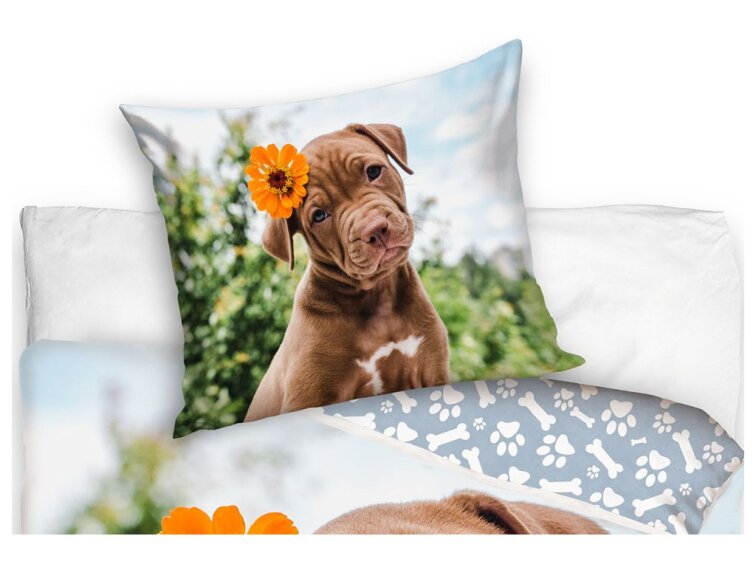 Bavlněné povlečení 140x200 + 70x90 cm - Štěňátko s květinkou