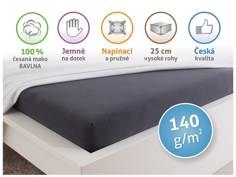 Prostěradlo Jersey česaná bavlna MAKO - Antracit