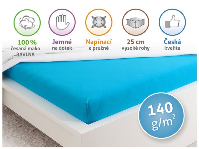 Prostěradlo Jersey česaná bavlna MAKO - Modrý tyrkys