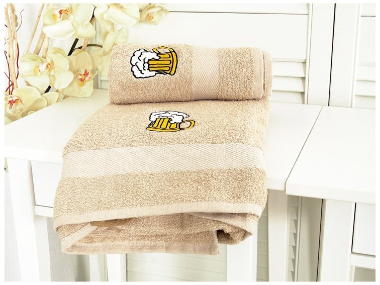 Dárkový set ručník a osuška 50x90+70x140 froté s výšivkou piva - béžová
