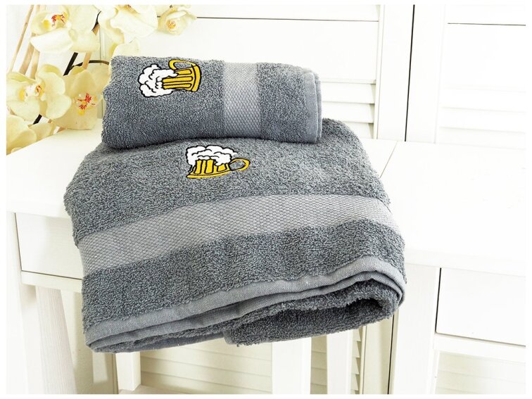 Dárkový set ručník a osuška 50x90+70x140 froté s výšivkou piva - antracitová