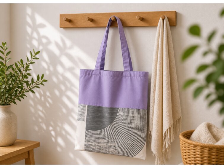 Látková taška - 37x40 cm - vzor Nordic Grey - světlá fialová