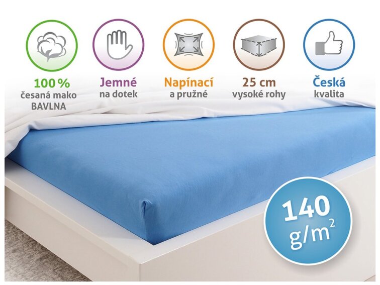 Prostěradlo Jersey česaná bavlna MAKO - Nebeská modrá