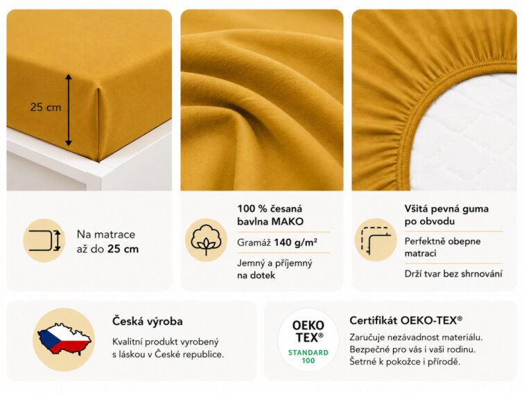 Prostěradlo Jersey česaná bavlna MAKO - Hořčicová