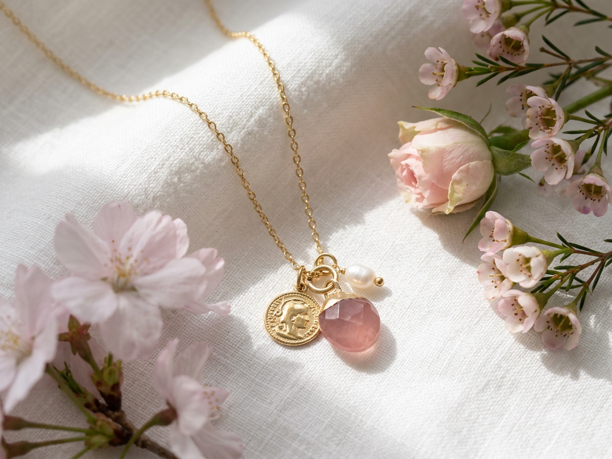 Náhrdelník MAIRE Strawberry Quartz Gold
