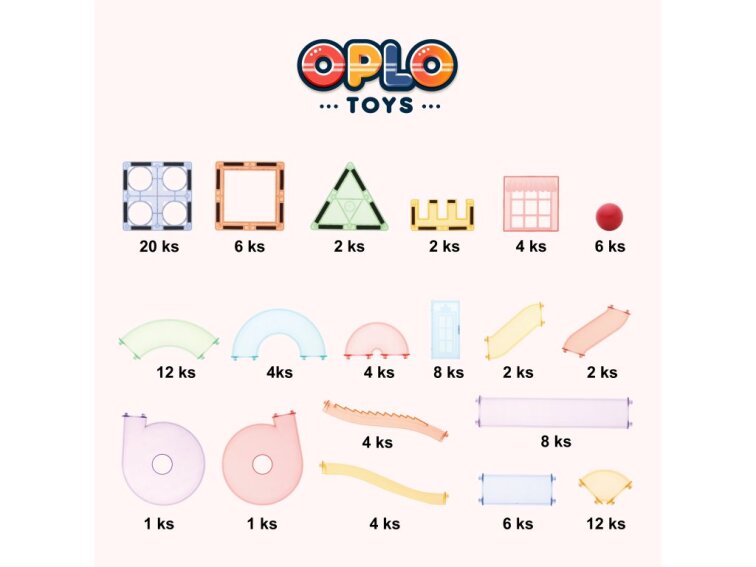 Magnetická stavebnica Oplo Toys - Guľôčková dráha Macaron 108 KS