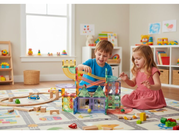 Magnetická stavebnica Oplo Toys - Guľôčková dráha Macaron 108 KS