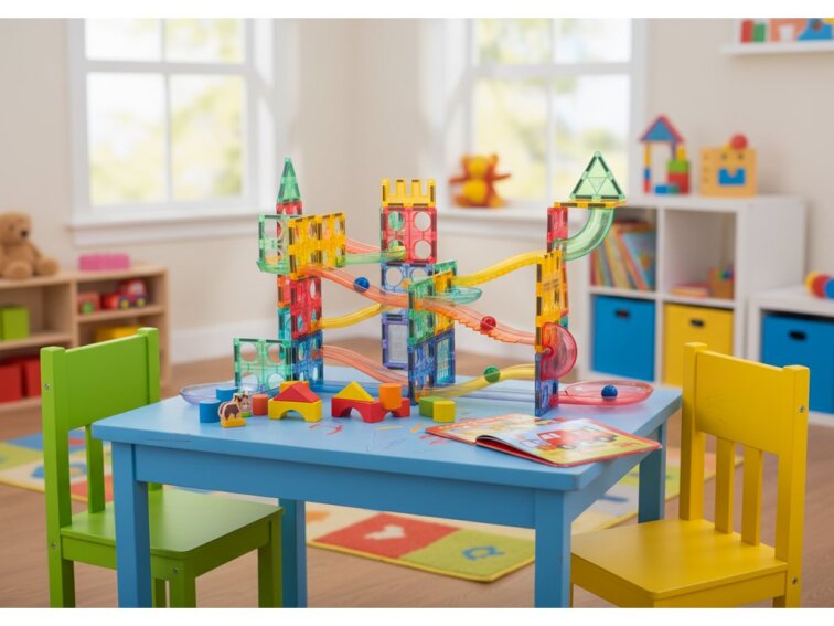 Magnetická stavebnica Oplo Toys - Guľôčková dráha Macaron 108 KS