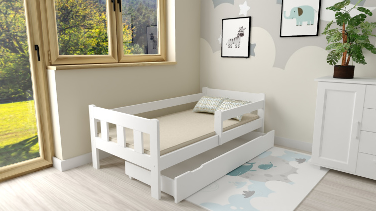 Dětská postel z masivu Martin 90x200 cm bílá + šuplík + pěnová matrace