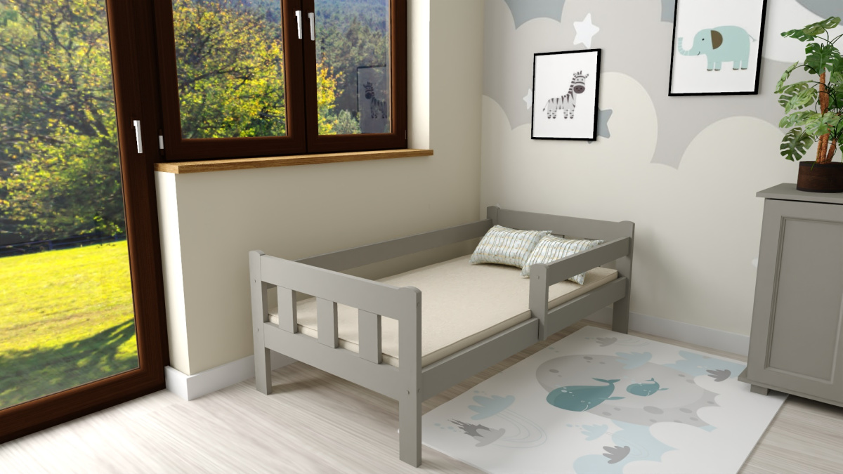 DĚTSKÁ POSTEL Z MASIVU MARTIN 80x160 CM – ŠEDÁ + ZÁSUVKA + PĚNOVÁ MATRACE + ROŠT ZDARMA