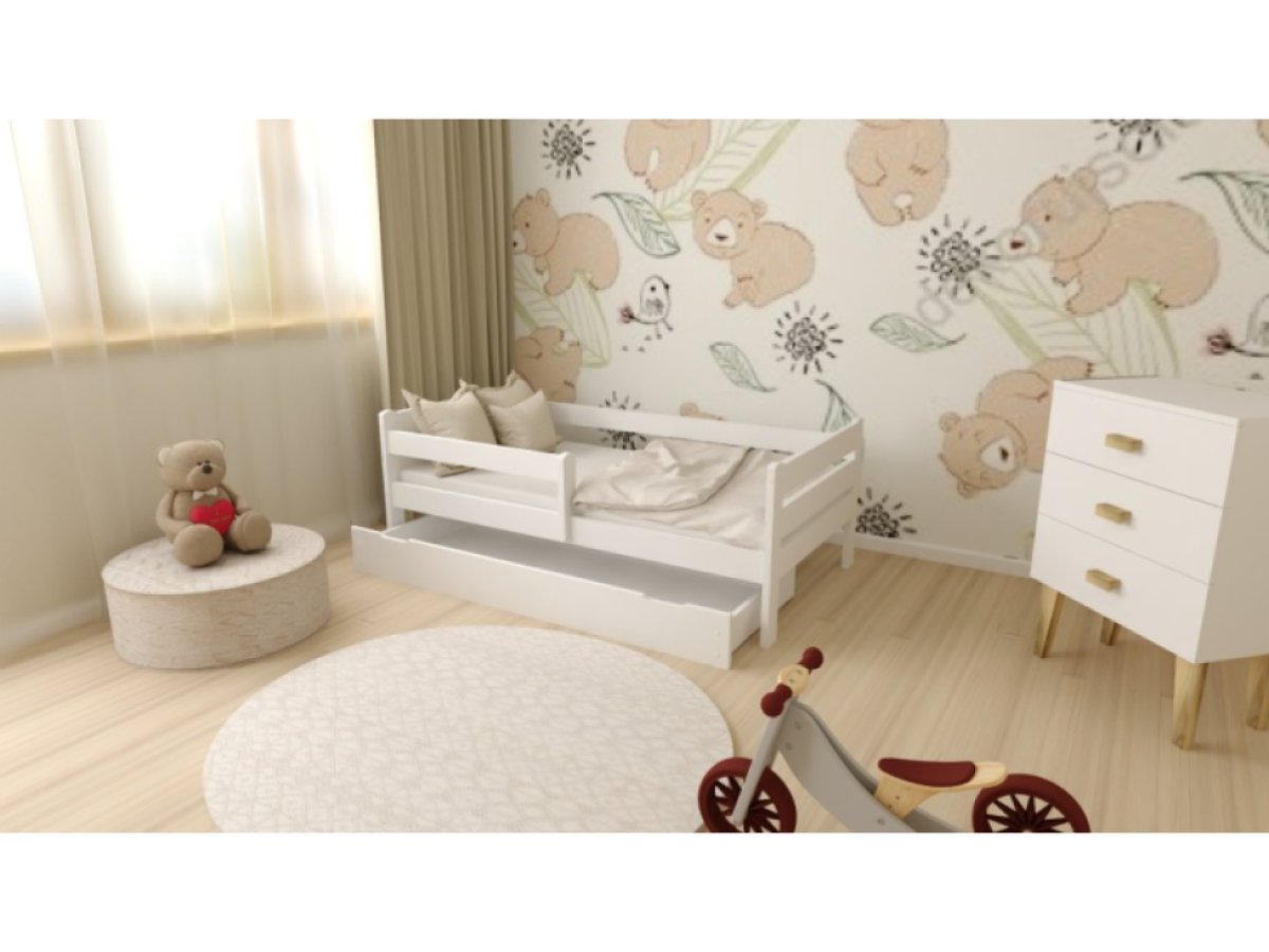DĚTSKÁ POSTEL Z MASIVU EDA 80x160 CM – BÍLÁ + ZÁSUVKA + PĚNOVÁ MATRACE + ROŠT ZDARMA