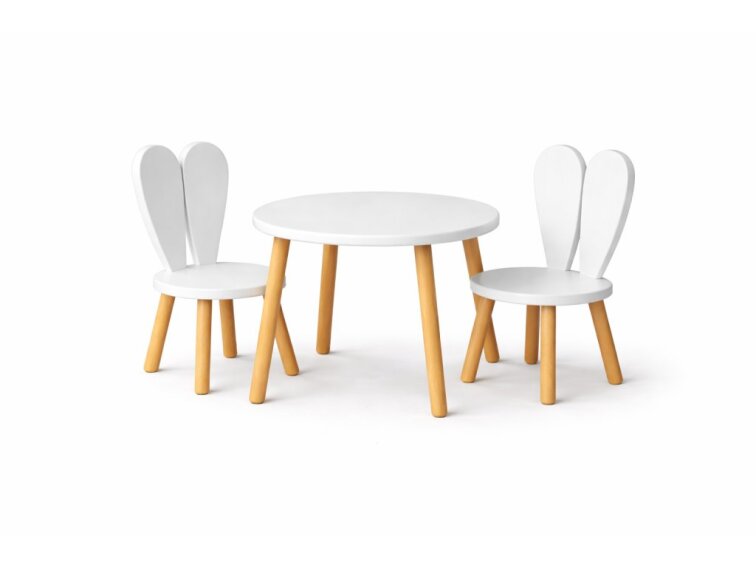 Dětský set z masivního bukového dřeva, bílá borovice - kulatý stůl Ø 60 cm + 2 židle