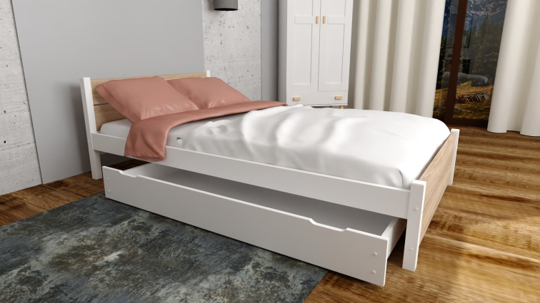 Postel z masivu Lapis 90x200 cm Bílá + Dub Sonoma + šuplík