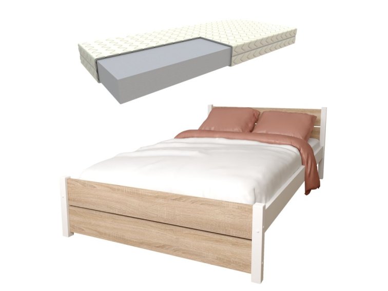 Postel z masivu Lapis 90x200 cm Bílá + Dub Sonoma + pěnová matrace