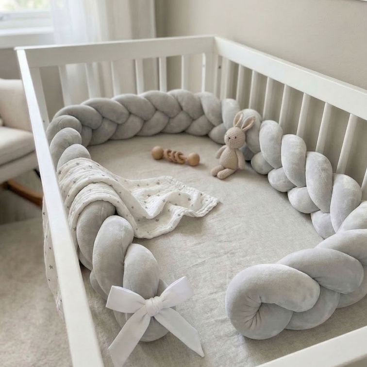 OCHRANNÝ MANTINEL DO DĚTSKÉ POSTÝLKY – VELUROVÝ COP – SVĚTLE ŠEDÝ 180 cm