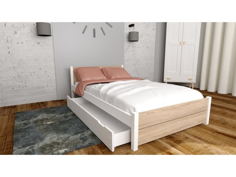 Postel z masivu Lapis 180x200 cm Bílá + Dub Sonoma + šuplík