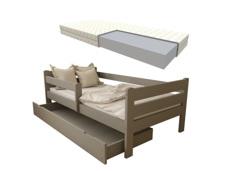 Dětská postel z masivu Eda 80x180 cm šedá + šuplík + pěnová matrace