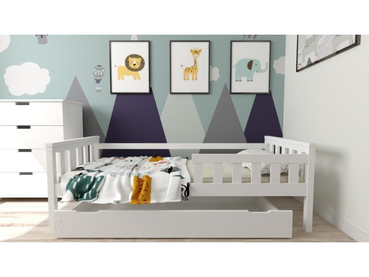 Dětská postel z masivu Mike 90x200 cm Bílá + šuplík + pěnová matrace