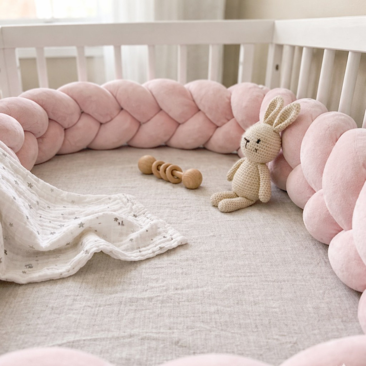 OCHRANNÝ MANTINEL DO DĚTSKÉ POSTÝLKY – VELUROVÝ COP – PASTELOVĚ RŮŽOVÝ 280 cm