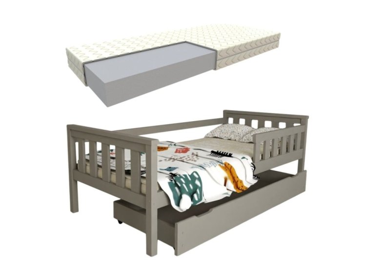 Dětská postel z masivu Mike 90x200 cm Šedá + šuplík + pěnová matrace