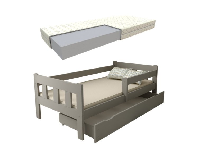 Dětská postel z masivu Martin 80x180 cm Šedá + šuplík + pěnová matrace