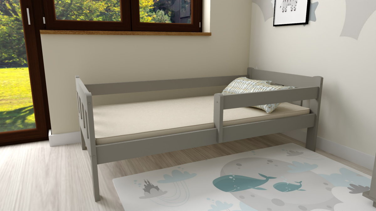 DĚTSKÁ POSTEL Z MASIVU MARTIN 80x160 CM – ŠEDÁ + ZÁSUVKA + PĚNOVÁ MATRACE + ROŠT ZDARMA