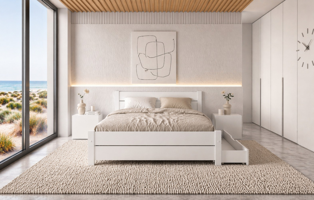 POSTEL Z MASIVU LAURA 140x200 CM BÍLÁ +TAŠTIČKOVÁ MATRACE + ZÁSUVKA