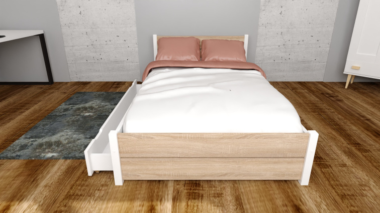 Postel z masivu Lapis 90x200 cm Bílá + Dub Sonoma + šuplík