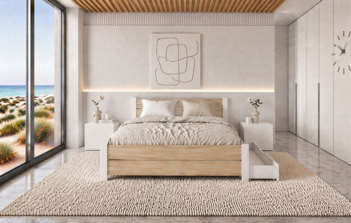 POSTEL Z MASIVU LAURA 120x200 CM BÍLÁ + DUB SONOMA + TAŠTIČKOVÁ MATRACE + BÍLÁ ZÁSUVKA