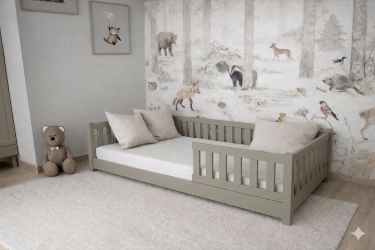 DĚTSKÁ POSTEL MONTESSORI ŠEDÁ 120x200 + RÁM ZDARMA