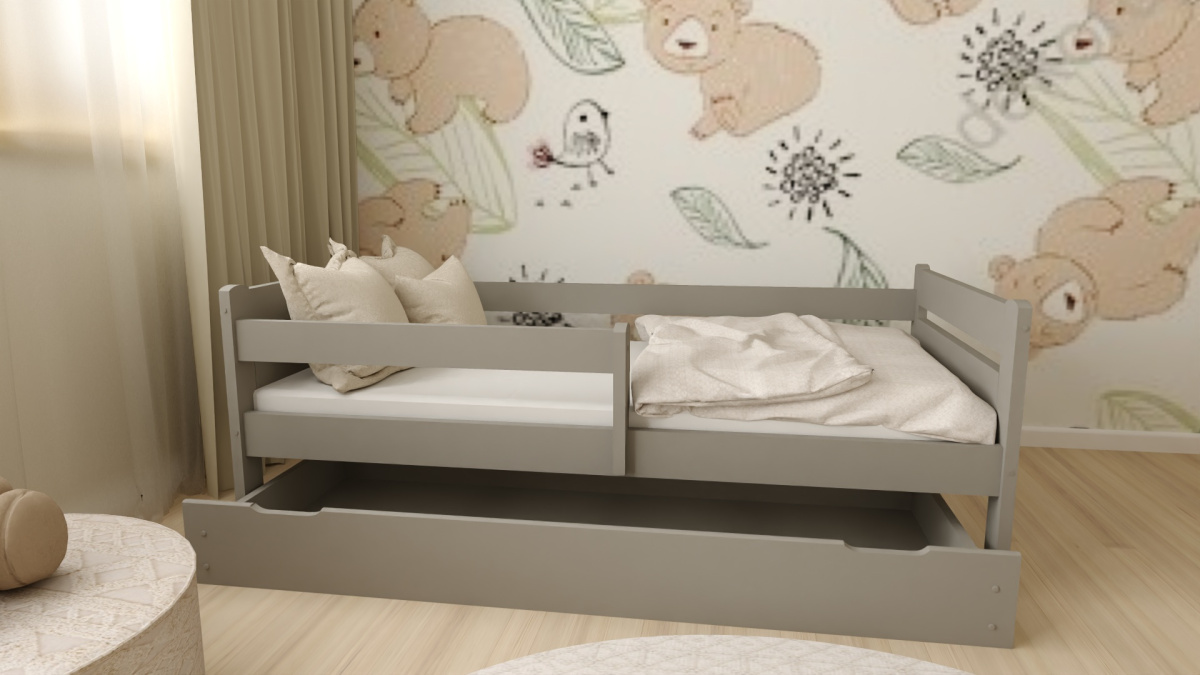 DĚTSKÁ POSTEL Z MASIVU EDA 80x160 CM – ŠEDÁ + ZÁSUVKA + PĚNOVÁ MATRACE + ROŠT ZDARMA