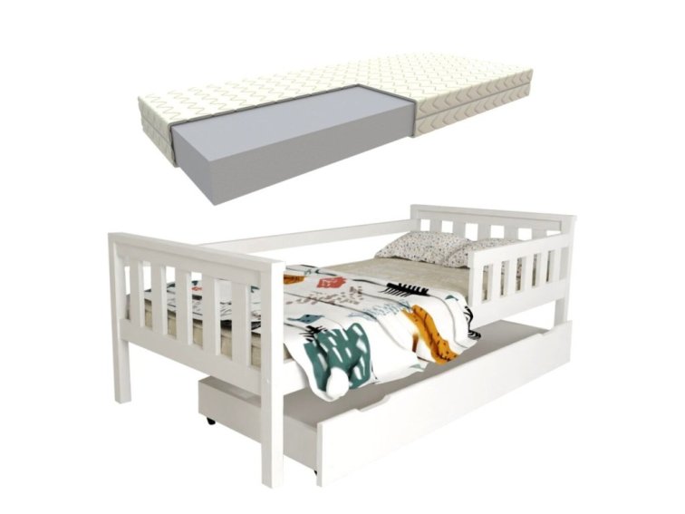 Dětská postel z masivu Mike 80x200 cm Bílá + šuplík + pěnová matrace