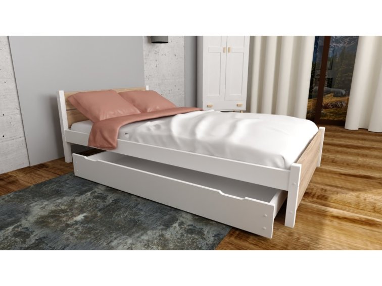 Postel z masivu Lapis 160x200 cm Bílá + Dub Sonoma + šuplík