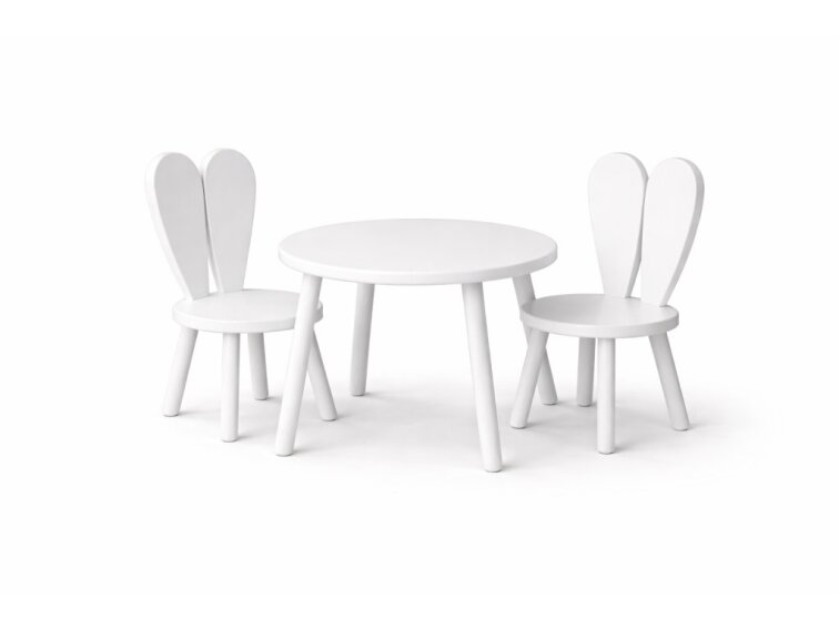 Dětský set z masivního bukového dřeva, bílá barva - kulatý stůl Ø 60 cm + 2 židle