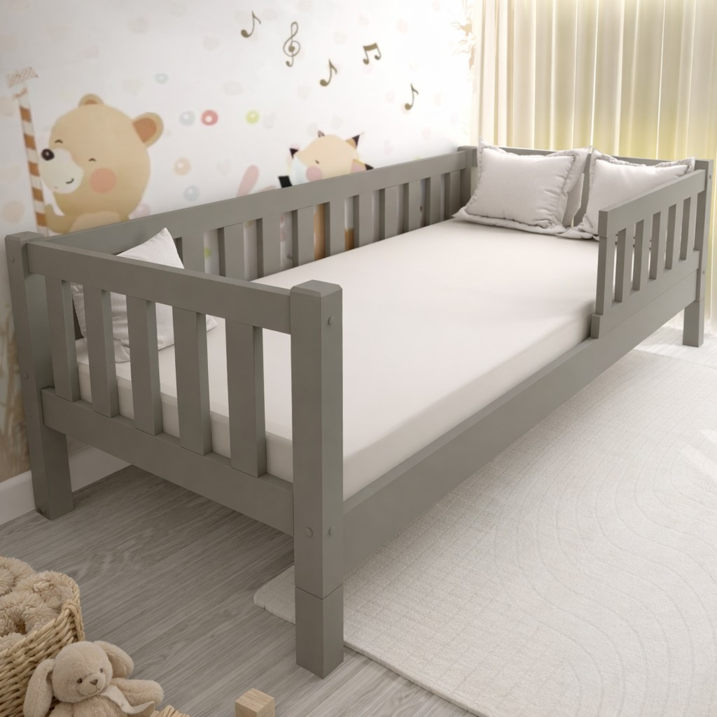 DŘEVĚNÁ MONTESSORI POSTEL LULU PLUS 90x200 ŠEDÁ + ROŠT ZDARMA