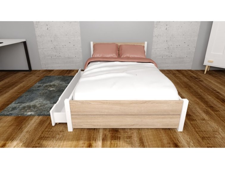 Postel z masivu Lapis 180x200 cm Bílá + Dub Sonoma + šuplík