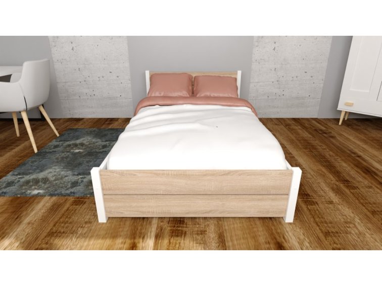 Postel z masivu Lapis 140x200 cm Bílá + Dub Sonoma + šuplík