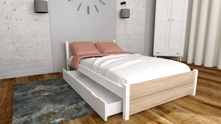 Postel z masivu Lapis 90x200 cm Bílá + Dub Sonoma + šuplík