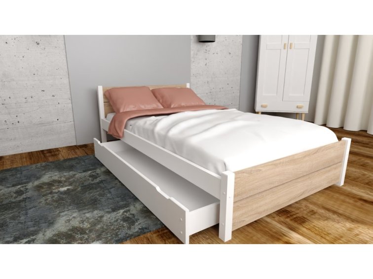 Postel z masivu Lapis 120x200 cm Bílá + Dub Sonoma + šuplík