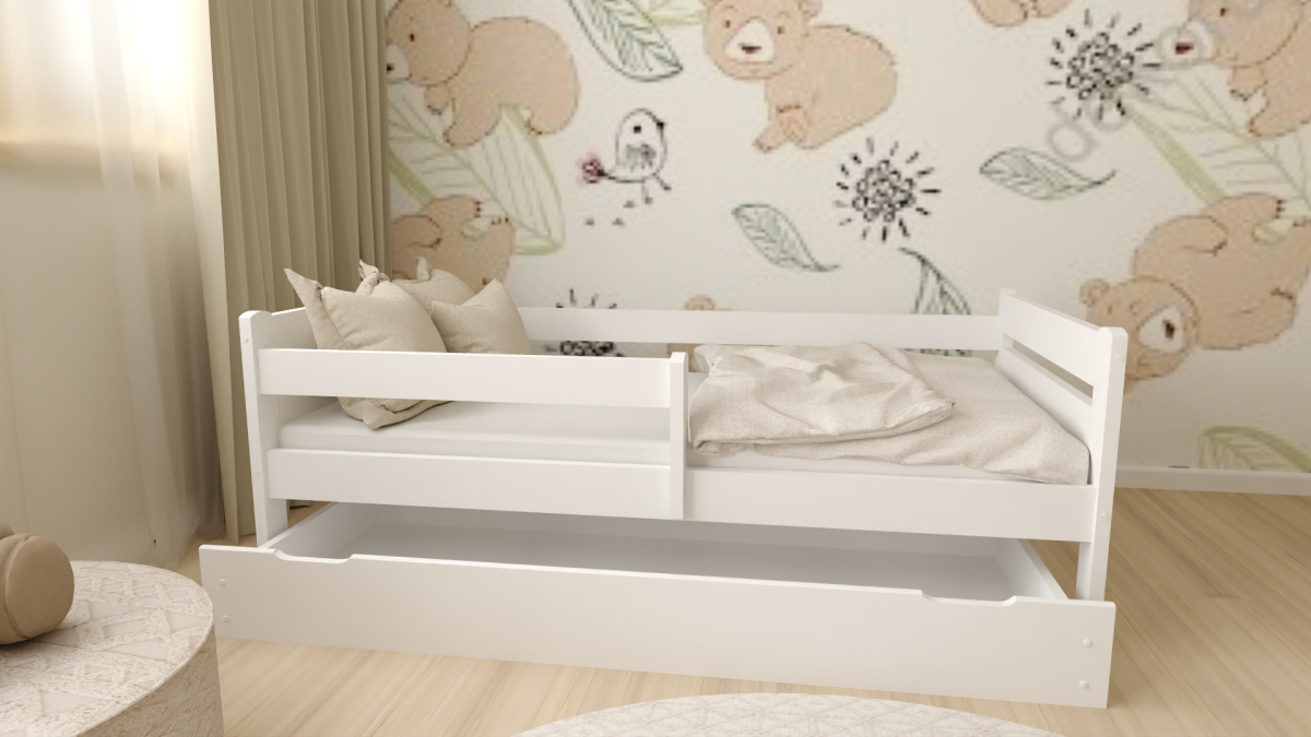 DĚTSKÁ POSTEL Z MASIVU EDA 90x200 CM – BÍLÁ + ZÁSUVKA