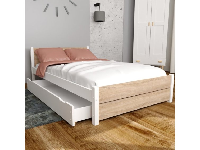 Postel z masivu Lapis 140x200 cm Bílá + Dub Sonoma + šuplík