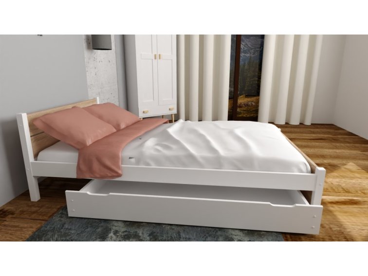 Postel z masivu Lapis 180x200 cm Bílá + Dub Sonoma + šuplík