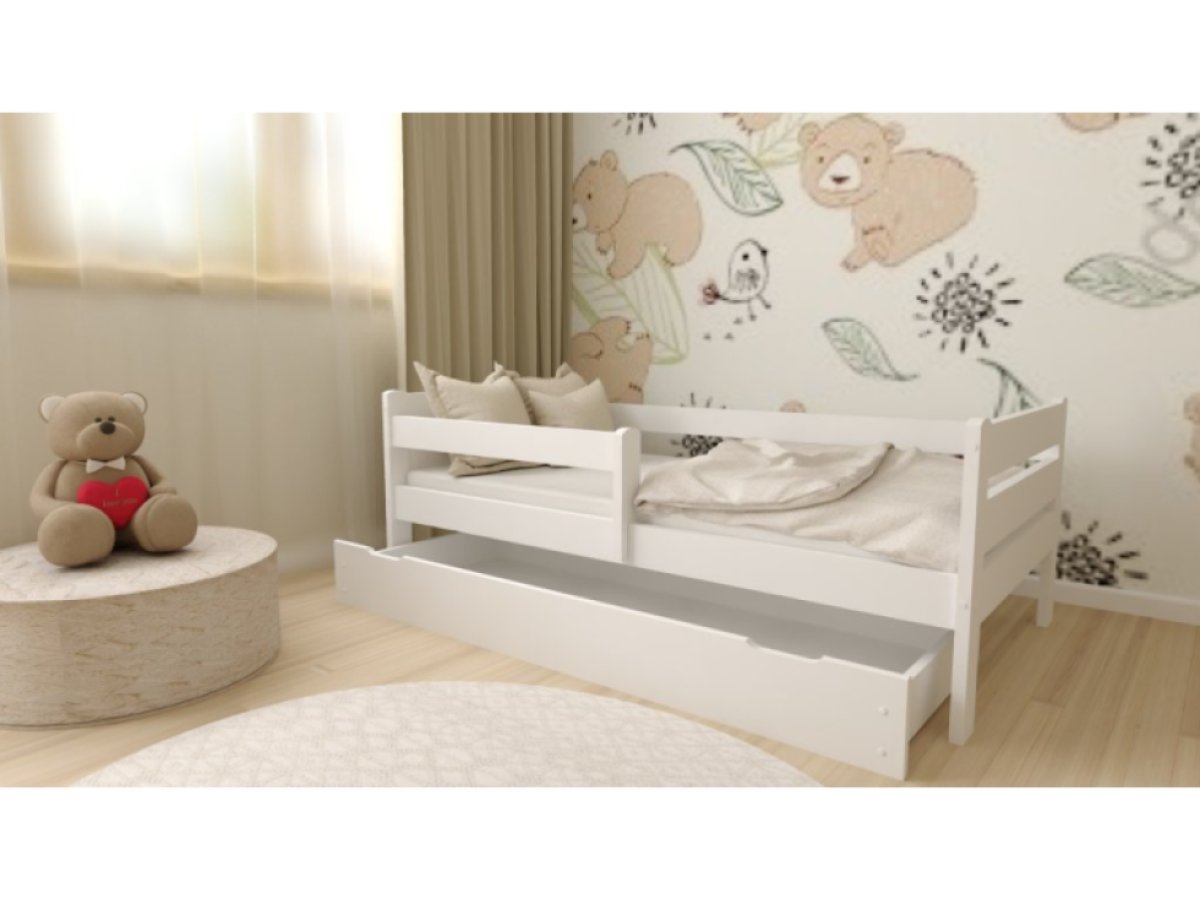DĚTSKÁ POSTEL Z MASIVU EDA 80x160 CM – BÍLÁ + ZÁSUVKA + PĚNOVÁ MATRACE + ROŠT ZDARMA