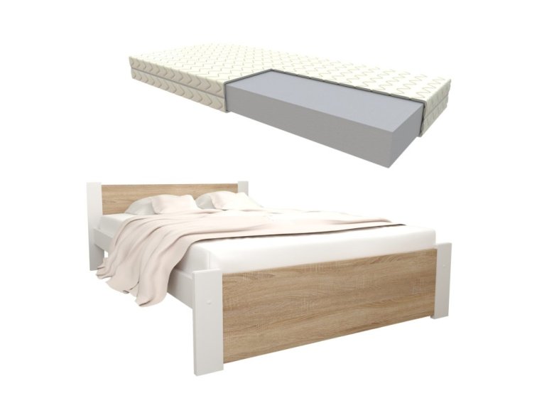 Postel z masivu Darek 160x200 cm Bílá + Dub Sonoma + pěnová matrace