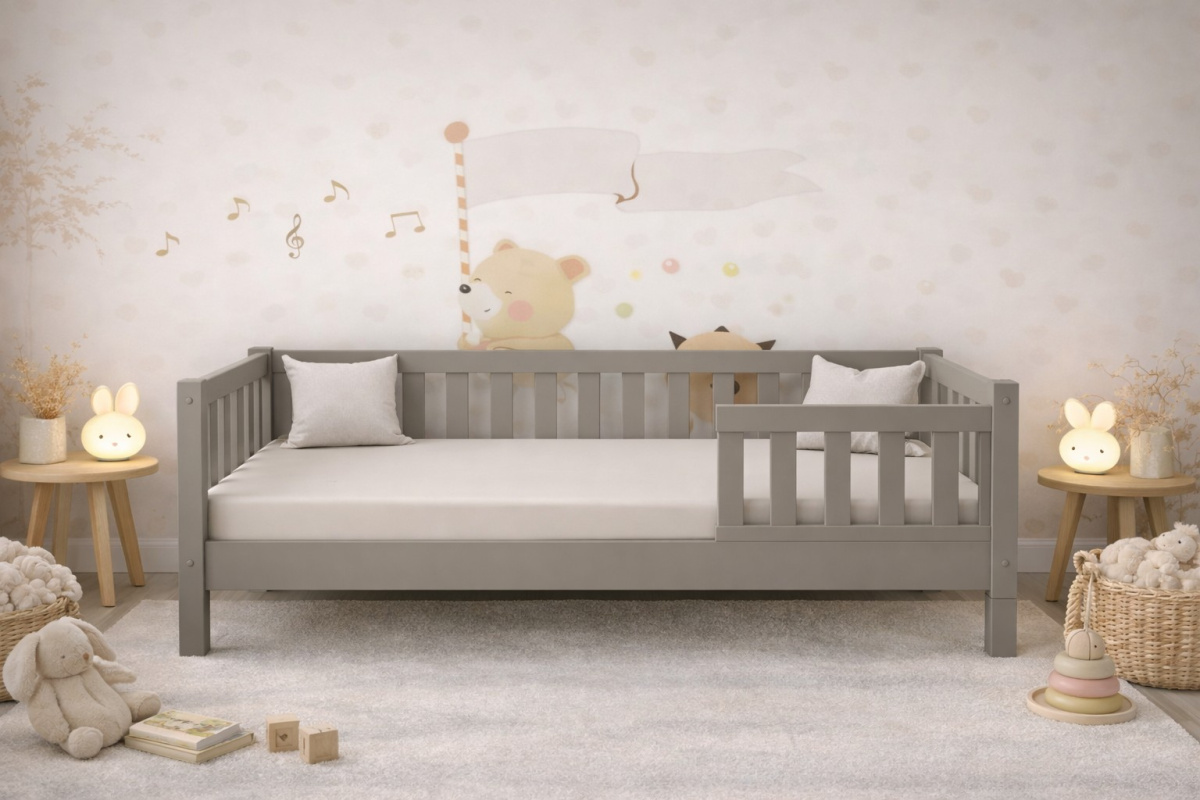 DŘEVĚNÁ MONTESSORI POSTEL LULU PLUS 90x200 ŠEDÁ + ROŠT ZDARMA