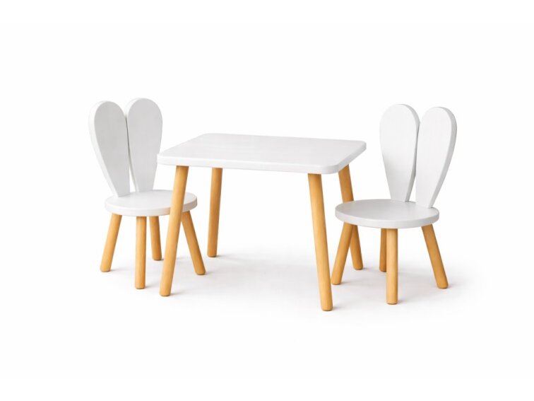 Dětský set z masivního bukového dřeva, bílá borovice – stůl + 2 židličky