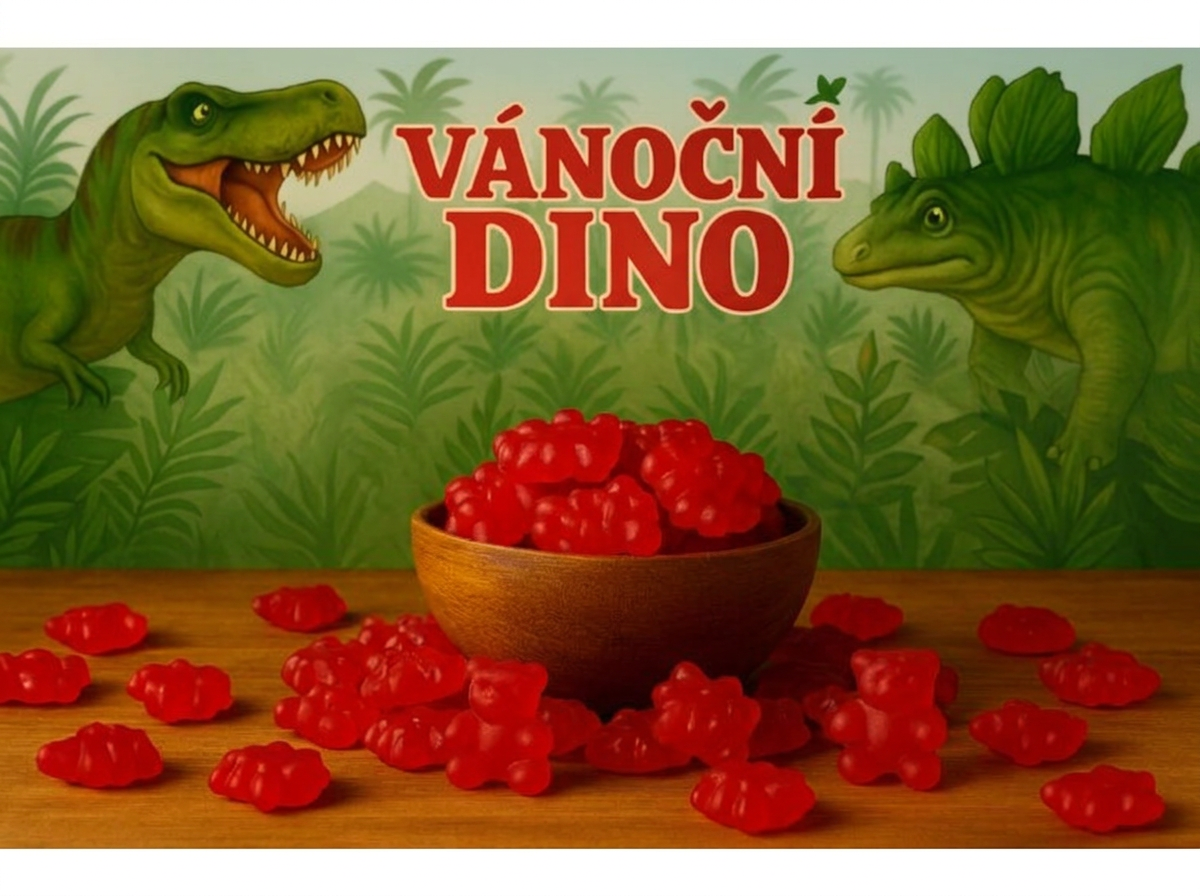 VÁNOČNÍ DINOSAUŘI S JAHODOVOU PŘÍCHUTÍ, 50g