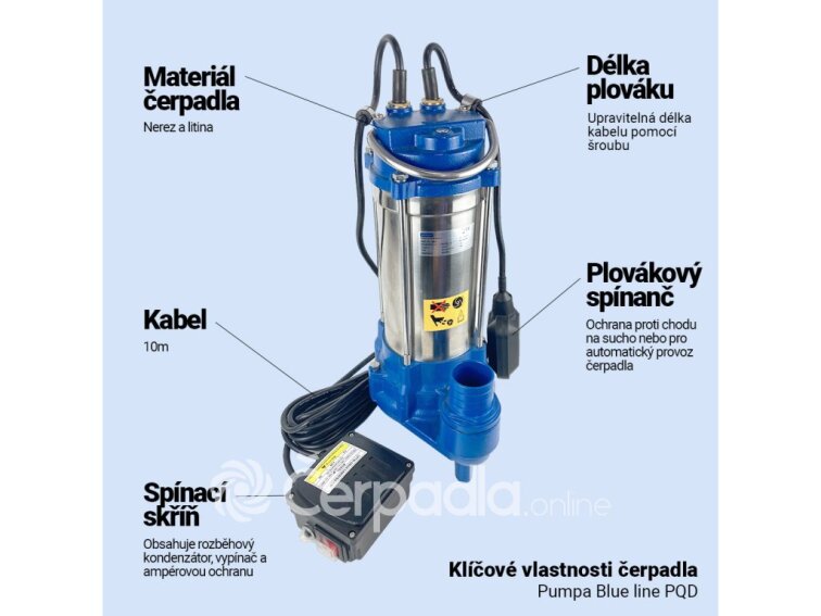 PUMPA blue line PQD7-8-0.75QGF 230V kalové čerpadlo s řezákem, s plovákem, ovládací skříňka, kabel 10m