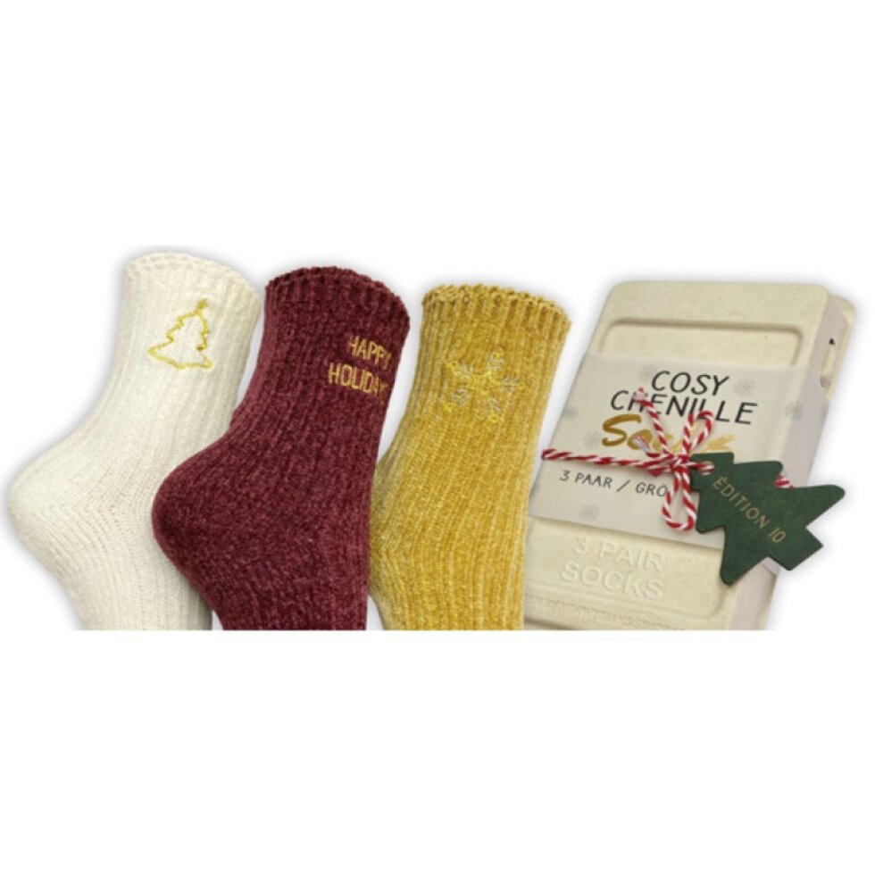 3 páry dámských žinylkových ponožek s boční výšivkou v dárkové krabičce 7124013